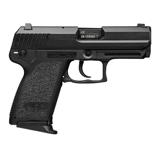 Black heckler & koch usp. 45 auto handgun with textured grip and visible serial number.