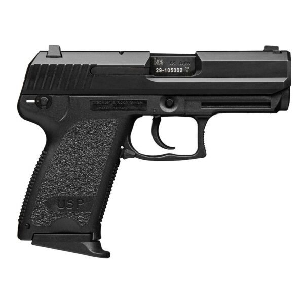 Black handgun with textured grip and visible "usp" marking on the handle.