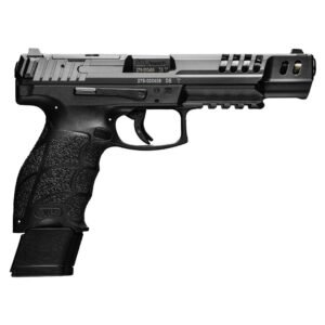 Black semi-automatic handgun with textured grip and slide serrations, displayed on a white background.