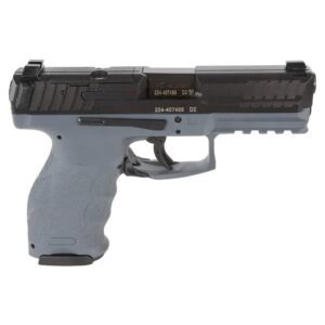 A black and gray handgun shown from the side on a white background.