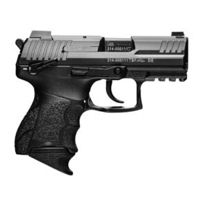 A black semi-automatic handgun with textured grip and engraved markings on the barrel against a white background.