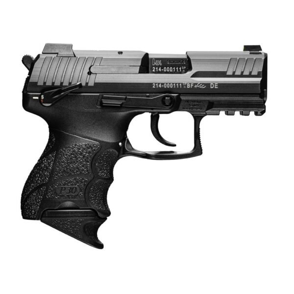 Black semi-automatic handgun with textured grip and detailed engravings.