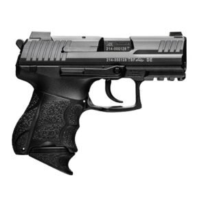 Black hk p30 9mm handgun with textured grip and rail, displayed on a white background.