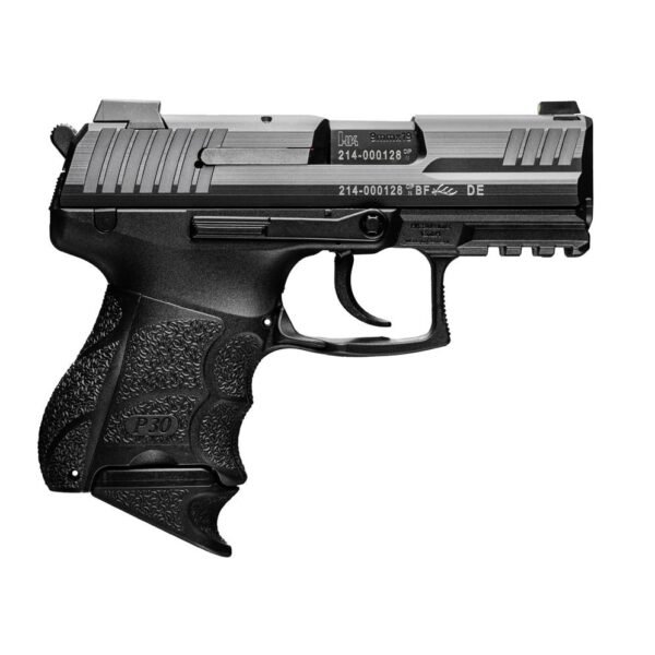 Black heckler & koch p30 9mm handgun with textured grip, detailed slide, and rail mount.