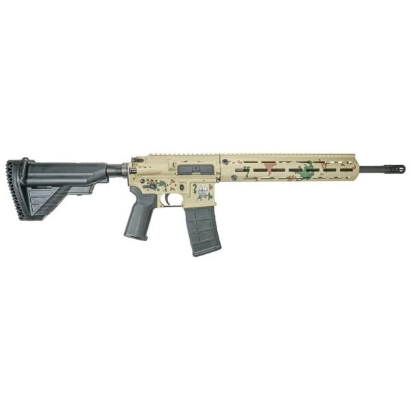 Tan and green camo-patterned semi-automatic rifle with black stock and grip, featuring custom graphic designs.