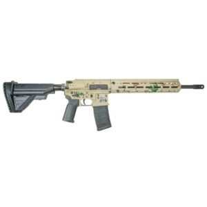 Tan camouflage-patterned rifle with black adjustable stock and grip.