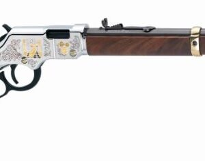 Antique lever-action rifle with silver and gold detailing, dark wood stock, and engraved designs.