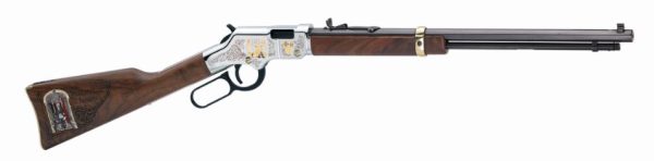 Antique lever-action rifle with silver and gold detailing, dark wood stock, and engraved designs.