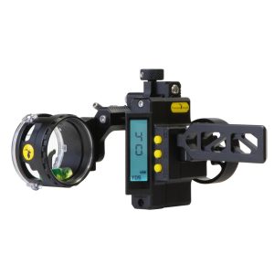Digital black and silver archery sight with green and yellow details, featuring an LCD display showing "40 YDS."