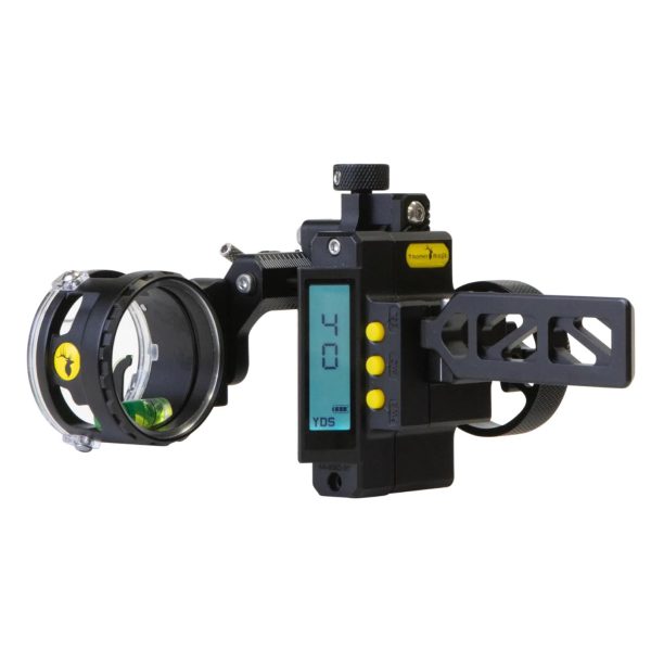 Digital black and silver archery sight with green and yellow details, featuring an lcd display showing "40 yds. "