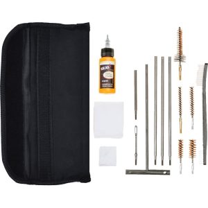 Gun cleaning kit with black case, orange lubricant bottle, metal rods, brushes, and white cloths.