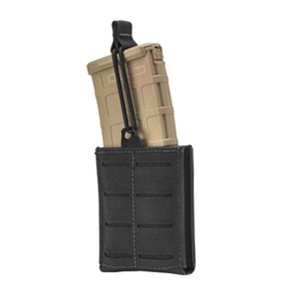 Black tactical magazine pouch with a tan magazine, designed for firearms and ammo.