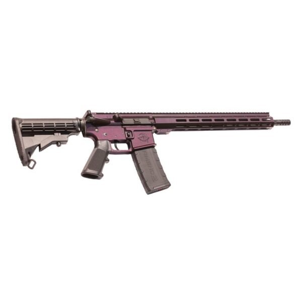 A purple and black semi-automatic rifle with a collapsible stock and a long barrel, suitable for firearms enthusiasts in casey, iowa.