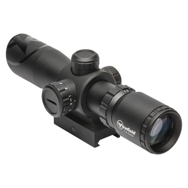 Black firefield tactical riflescope with adjustment knobs and lens, firearms accessory.