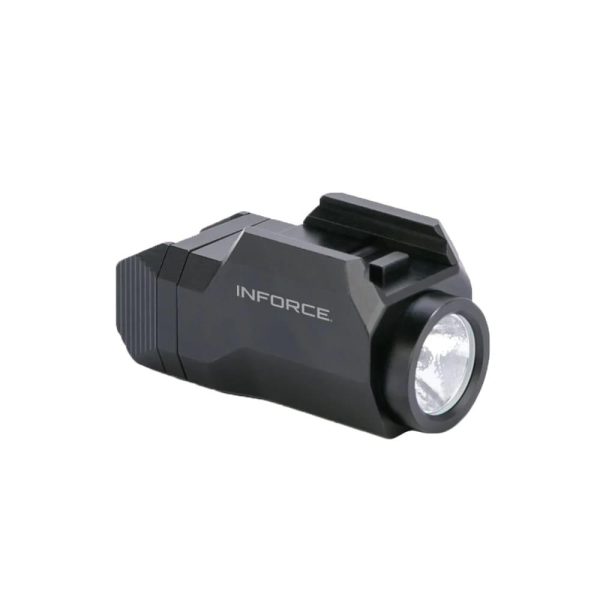 A black inforce gun-mounted flashlight with a compact design and a visible white led light.