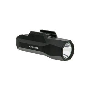 A black Inforce tactical flashlight with clear lens and angular design, suitable for firearms and outdoor activities.