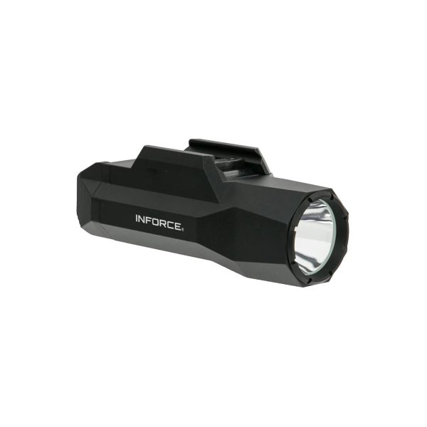 A black inforce tactical flashlight with clear lens and angular design, suitable for firearms and outdoor activities.