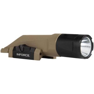 Tan and black tactical flashlight mount with "Inforce" branding, suitable for firearms.