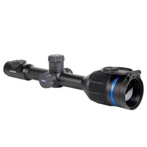Black firearm scope with blue accents, featuring adjustment knobs and flip-up lens covers.