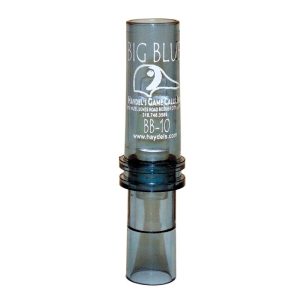 Transparent dark gray duck call with white logo and text, labeled "Big Blue," by Haydel's Game Calls.