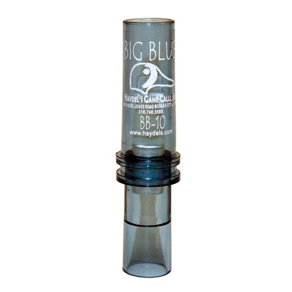 Transparent dark gray duck call with white logo and text, labeled "big blue," by haydel's game calls.