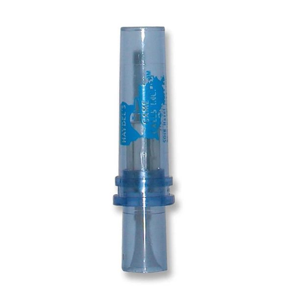 Translucent blue game call with text "haydel's game calls inc. "