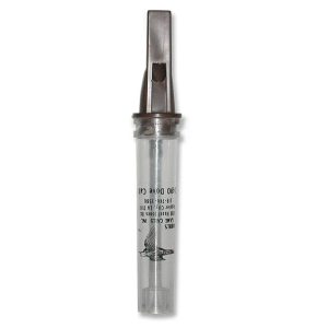 Transparent plastic game call with silver metallic top, black text, and bird logo.