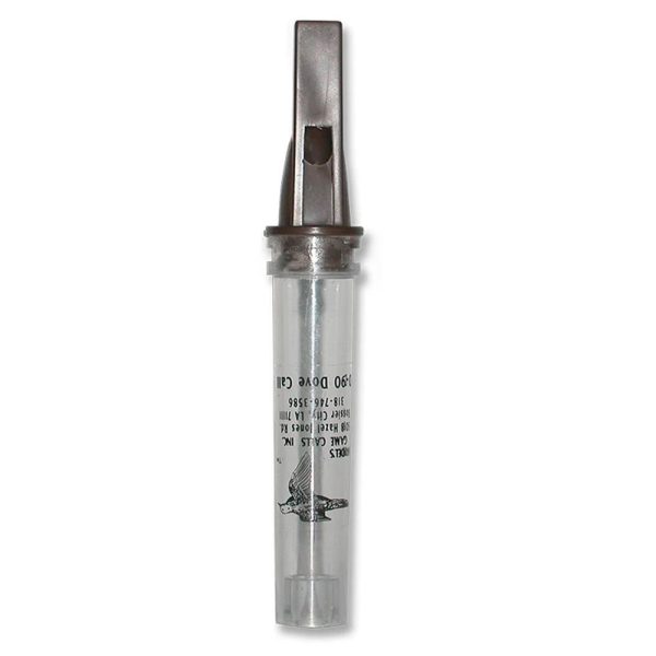 Transparent plastic game call with silver metallic top, black text, and bird logo.