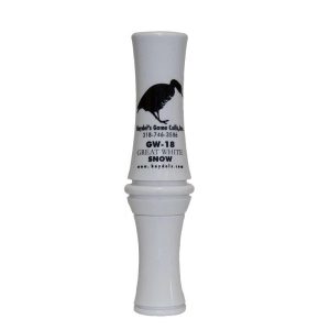 White duck call labeled "Haydel's Game Calls, GW-18 Great White Snow" with a black silhouette of a bird.