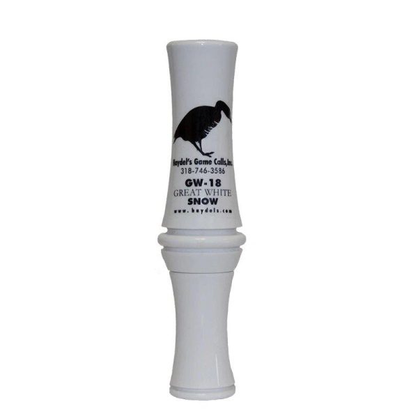 White duck call labeled "haydel's game calls, gw-18 great white snow" with a black silhouette of a bird.