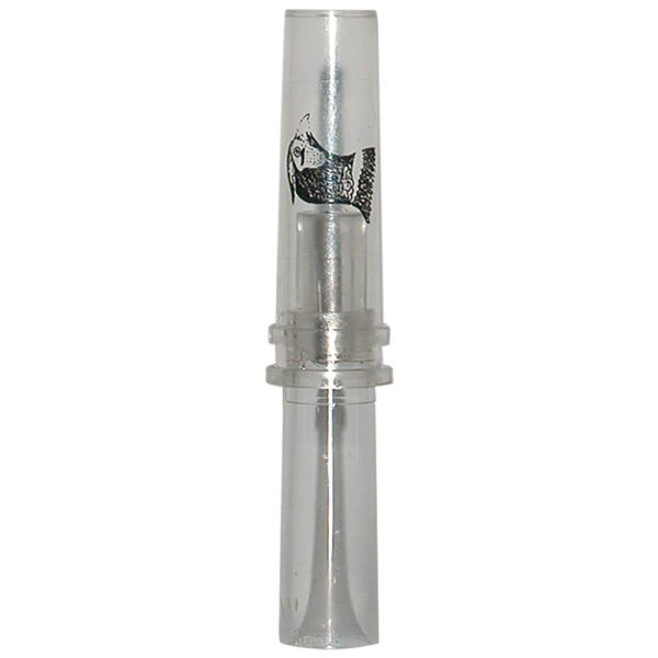 Clear plastic game call with a duck graphic in black.