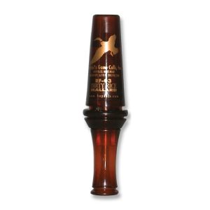 A brown duck call with gold lettering and a silhouette of a flying duck.