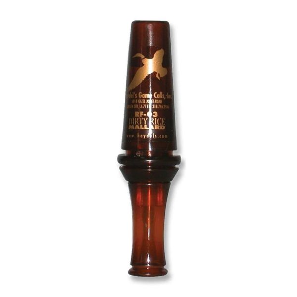 A brown duck call with gold lettering and a silhouette of a flying duck.