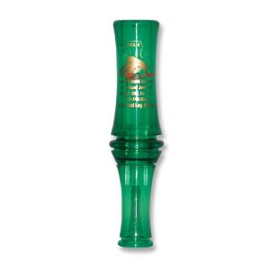 A green game call with gold text and logo, designed for attracting wildlife, produced by Haydel's Game Calls.
