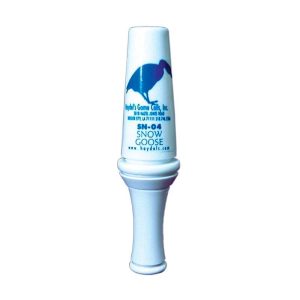 White Snow Goose call with blue text and image of a goose from Haydel's Game Calls, featuring company details.