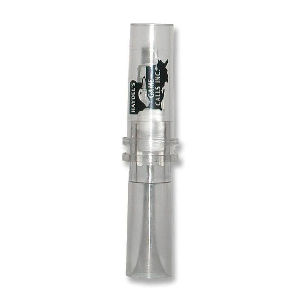 Clear acrylic duck call with black branding, featuring the shape of iowa and "haydel's game calls inc. " text on the barrel.
