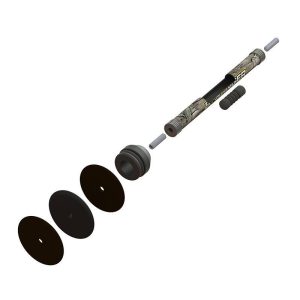 Camouflage-patterned firearm accessory with dark cylindrical components, floating disks, and small metallic rods, isolated on a white background.