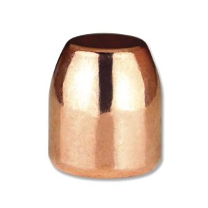 Copper jacketed bullet close-up on a white background.