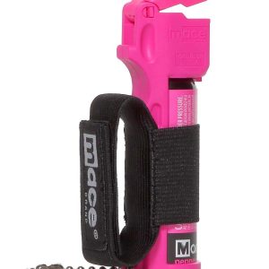 Bright pink Mace pepper spray canister with black strap and keychain attachment.