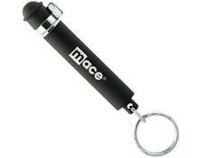 A black mace pepper spray keychain with silver accents and a keyring.