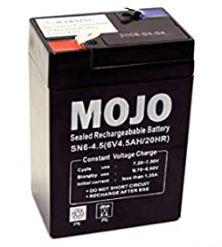 A Mojo sealed rechargeable black battery labeled SN6-4.5(6V4.5AH/20HR) with specifications and warning symbols printed in white.