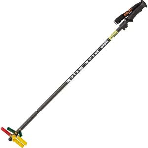 Mojo Outdoors black pick stick with rubber grip, featuring yellow warning label and stacked ammunition shells in green, red, and yellow at the claw end.