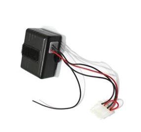 A small black electronic device with red, black, and white wires connected to a white plug.