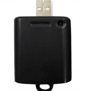 A small black USB wall charger with a loop attachment at the bottom.