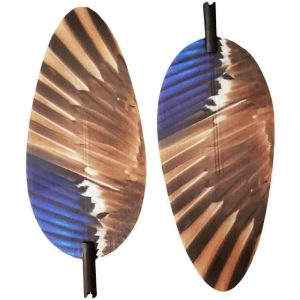 Feather-shaped archery vanes with brown, black, and blue striped pattern.