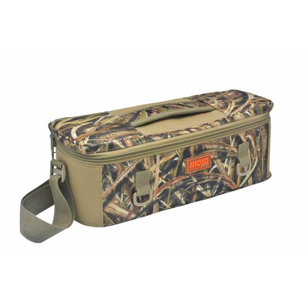 Camouflage-patterned gun and ammo bag with khaki accents and an orange logo, featuring a shoulder strap and zipper closure, suitable for firearms enthusiasts in iowa, casey iowa.