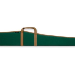 Green gun case with tan trim and handle.