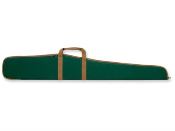 Green gun case with tan trim and handle.