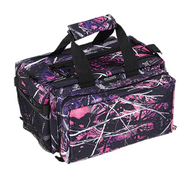 Multicolored camouflage gun and ammo bag featuring black, purple, and pink patterns with reinforced black handles and multiple pockets.