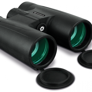 A pair of black binoculars with green lenses and attached lens caps.